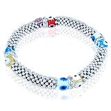 Multi-color Evil Eye Glass Beads Bracelet with Rhinestones and Rhodium Plated...