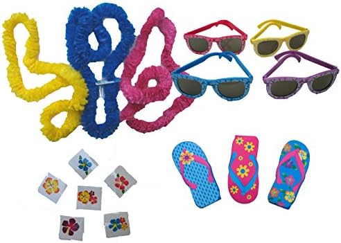 Luau Party Favors for 12 - 12 Leis, 12 Flip Flop Notebooks, 12 Hibiscus Sunglasses, 36 Hibiscus Glitter Tattoos!