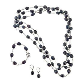 Sterling Silver Freshwater Baroque Black Pearl Necklace, Earring, and Bracelet... by