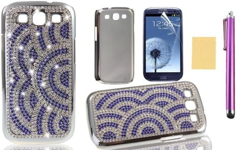OMIU(TM) Semi-Circle Full Bling Rhinestone Diamond Metal Hard Back Case Cover for Samsung Galaxy S3 i9300(Purple), with Screen Protector, Stylus and Cleaning Cloth
