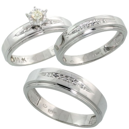 10k White Gold 3-Piece Trio His (6mm) & Hers (5mm) Diamond Wedding Band Set, w/ 0.16 Carat Brilliant Cut Diamonds; Ladies Size 5
