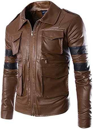Prettygood Men's Multi-pockets Lapel Collar Zipper PU Leather Jacket Coat Dark Brown L