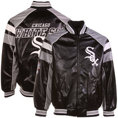 Chicago White Sox Black Pleather Varsity Full Zip Jacket - (Large)