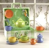 Multi Color Porcelain Tea Set with Green Basket (17-pc. set)