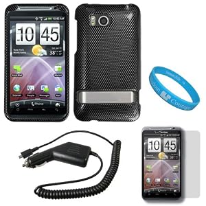 Carbon Fiber Rubberized 2 Piece Protective Durable Hard Crystal Case Cover for Verizon NEW Motorola HTC Thunderbolt 4G HD ADR6400 + Clear Screen Protector + Black Rapid Car Charger with IC Chip + SumacLife TM Wisdom Courage Wristband