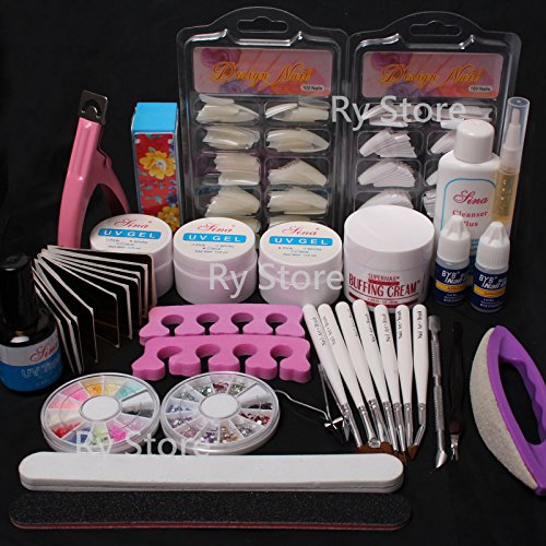 US Seller ~ 23 in 1 DIY Nail Art Decorations Kit Brush Buffer Cuticle Revitalizer Oil Pen Tools Natural White Nail Tips Rhinestones Pearls Cutter Sanding Files Forms Glue UV Gel Set #26 (D) by WindMax?