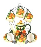 PEACH 9pc TEA Set Pot & Cups w/Iron Rack NEW!