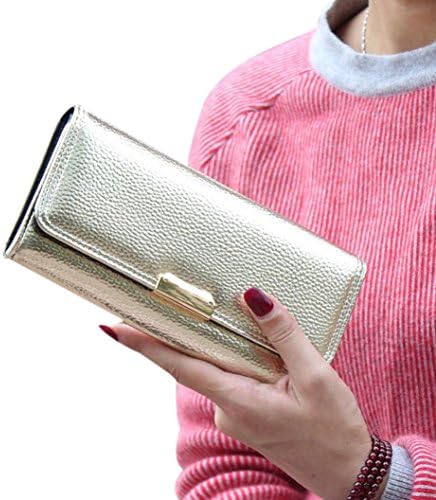 FUA® Elegant Lady Women Long Clutch Purse Leather Button Wallet (Gold)