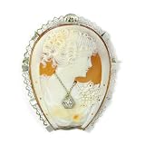 14K White Gold Antique Diamond Cameo Brooch with Pendant Bale and Horseshoe Frame