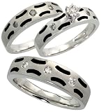 14k White Gold Trio 3-Piece His (6mm) & Hers (5mm; 5mm) Wedding Band Set, w/ 0.15 Carat (Center) & 0.26 Carat (Sides) Brilliant Cut Diamonds; (Men's Size 9 to 12; Ladies' Size 6 to 8)