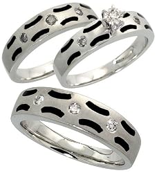 14k White Gold Trio 3-Piece His (6mm) and Hers (5mm; 5mm) Wedding Band Set, w/ 0.15 Carat (Center) and 0.26 Carat (Sides) Brilliant Cut Diamonds; (Men's Size 9 to 12), size 7.5