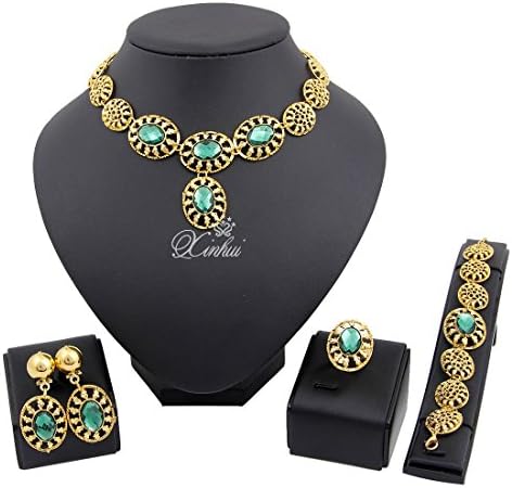 Gold Metal Big Alloy Necklace Earrings Set African Wedding Jewelry Sets Dubai Costume Necklace Set (Green)
