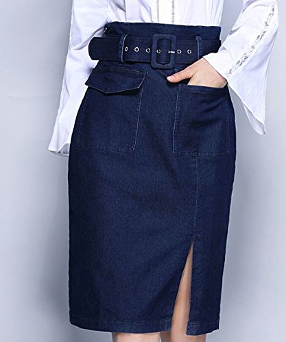 (ALLURE) デニム スカート タイト シンプル 無地 ベルト カジュアル ブルー AF0510
