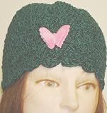 Hand Crocheted Forest Green Color Chenille and Gimp Tweed Skull Cap for Women and Teens Trimmed with One Fuchsia Color Rhinestone Velvet Butterfly