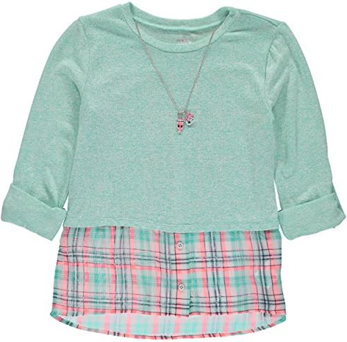 Star Ride Kids Big Girls "Giselle" Plaid Chiffon Top W/Necklace-Green (Medium)