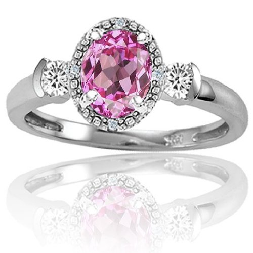 CandyGem 14k Gold Lab Created Oval Pink Sapphire, Two Round White Topaz and Diamond Ring