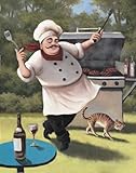 IMAGE OF Barbecue Chef with Cat HIGH QUALITY CANVAS Print With Light Added BRUSHSTROKES T.C. Chiu 11x14