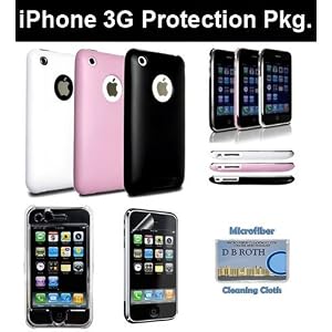Protection Package for iPhone 3G / 3GS. Incl. Black White and Pink Polycarbonate Slim Fit Cases Crystal Snap-on Hard Case 1 Full LCD Screen Protector and DBROTH Microfiber Cleaning Cloth