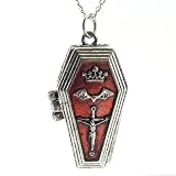 DaisyJewel Dark Dreams: Eternal Life Blood Red Royal Vampire Bat Gothic Crucifix Coffin Casket Locket Poison Pendant Necklace - Heavy Duty Locket Pendant in Pewter with Vintage Antique Patina and Enamel with Strong Magnetic Locket Clasp
