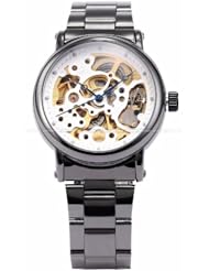 Golden Hollow Skeleton Automatic Auto Mechanical Analog Women Wrist Watch Gift / White Dail