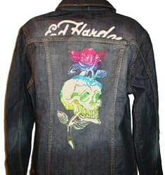 Women's Ed Hardy Denim Jacket w/ Colored Rhinestones Available in Several Sizes Skull Rose Short Jacket Black Faded Denim