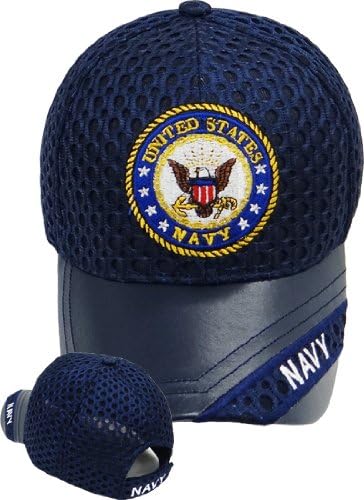 U.S. NAVY Baseball Cap with United States BLUE Color NAVY Logo Emblem Leather Bill and Honeycomb Pitted Mesh Fabric Premium Quality, United States Navy Blue Hat, Military Headwear, Embroidered Stitching Sailors Shipmate Sailor Ship