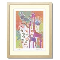 《版画》キリンの置物と多肉植物寄せ植え 四つ切り(424×348mm)