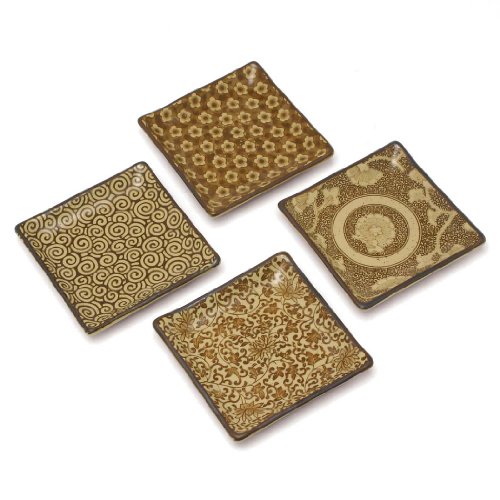 Japanese Stoneware Plate Set Includes 4 Plates Each with a Different Design, Sepia