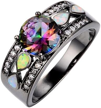 Black Gold Opal Ring Wide Band Multicolor Women Fashion Rings Sz 8