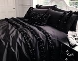 Double Bed Luxury Rised Floral Duvet Cover Set Lille In Black With Diamante Detail