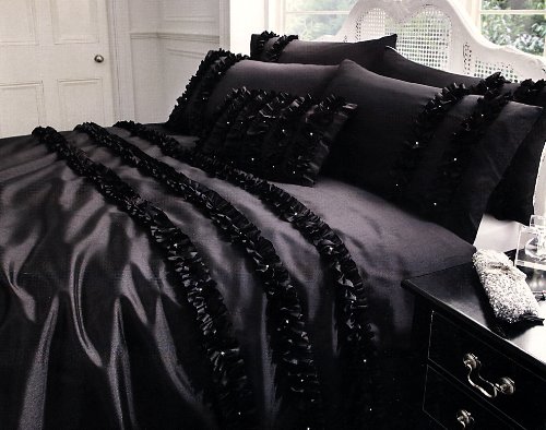 Double Bed Luxury Rised Floral Duvet Cover Set Lille In Black With Diamante Detail