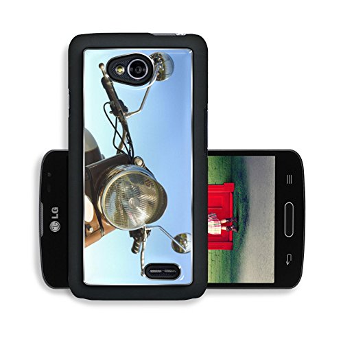 Liili Premium LG Optimus L70 Dual Aluminum Snap Case Travel concept Retro brown motorbike handlebar on blue copy space background IMAGE ID 19160410