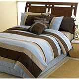 Sky Blue Jacaranda Striped Microsuede Luxury Duvet Comforter Cover 6 piece Bedding Set - Available in King and Queen