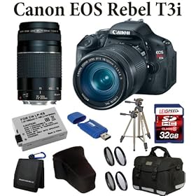 Canon EOS Rebel T3i 18 MP CMOS Digital SLR Camera with Canon EF-S 18-135mm f/3.5-5.6 IS Standard Zoom Lens Kit + Canon EF 75-300mm III Telephoto Zoom Lens + Deluxe Camera Gadget Bag + Spare Battery + LEXSpeed 32GB SDHC Class 10 Memory Card + UV & CPL Filters + Tripod