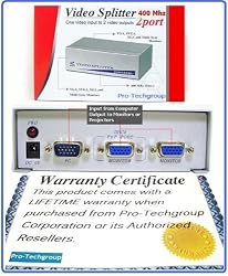 Pro-Techgroup Premium 2-Port (1x2) High Resolution High Bandwidth (400 Mhz) VGA SVGA SXGA Monitor or Projector Splitter Multiplier box with Power