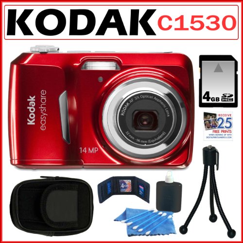 Kodak EasyShare C1530 14MP Digital Camera with 3x Optical Zoom in Red + 4GB Accessory Kit