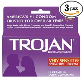 Trojan Very Sensitive Latex Condoms, Spermicidal Lubricant, 12-Count Boxes (Pack of 3)