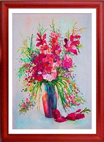 "Lucky Bouquet" Framed Artisan Picture Fine Art Print Giclee Artwork Framed and Ready to Hand or Stand in Natural Wood Frame with Glass, Modern Contemporary Bouquet of Beautifull Flowers Rich Look Vivid Warm Colours High Contrast Strong Impact.