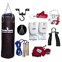 Vinyl Black Punch Bags Set 3 feet with Free Chrome Plated chain, Bag Mitts, Heavy dute Metal Ceiling Hook, Nylon Skipping Rope Blue, Boxing Glove UK Flagged Miniature and novelty, Boxing Gloves Key Chain Red and Red Hand Wraps