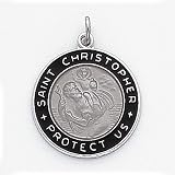 Black Enameled Saint Christopher Medal Charm, Sterling Silver