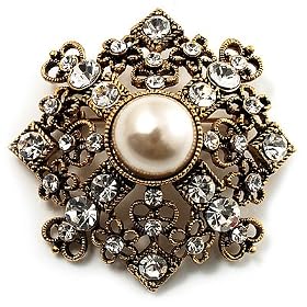Heiress Crystal Pearl Style Brooch (Bronze Tone)