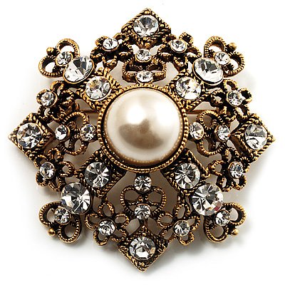 Heiress Crystal Pearl Style Brooch (Bronze Tone)