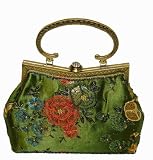 Green Cloth Base, Colorful Beaded Flower & Leaves Pattern, a Beautiful Vintage Style Evening Handbag W/chain - 2