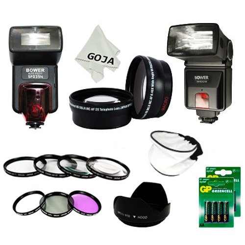 Professional Camera Bundle Kit for NIKON DSLR (D5100 D5000 D3100 D3000 D40 D60 D80 D7000) Includes: 0.45x Wide Angle & 2.0x Telephoto High Definition Lenses + Bower Professional Dedicated Flash + Slave Flash w/ Bracket + Filter Set (UV, Polarizing, Fluorescent) + Macro Close Up Set (+1 +2 +4 +10) + Tulip Flower Lens Hood + Soft Flash Diffuser + 4 Pcs Deluxe Cleaning Kit