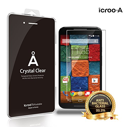 Moto X 2nd generation Screen Protector, Anti-bacterial Tempered Glass Screen Protector, i-croo A-Glass [HD Clear][0.4T] World's Thinnest Ballistics Glass, 99% Touch-screen Accurate(Lifetime Warranty)