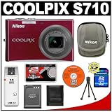 cheap Nikon Coolpix S710 14.5-Megapixel Digital Camera (Deep Red) with Optical VR Image Stabilization + 4GB Memory Card + EN-EL12 Battery + Carrying Case + Accessory Kit