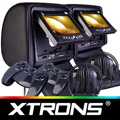 2 x 7 TFT LCD Black Car  Headrest with Built-in DVD VCD, CD, MP3, JPG Player with SECURITY COVER ZIPPER, INCLUDES 2 SETS OF WIRELESS HEADPHONES.
