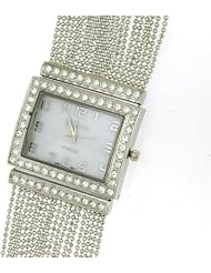 EXCLUSIVE Ladies Square Silver Chain Analog Bracelet Watch Clear Stone