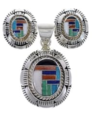 Multicolor Inlay Sterling Silver Pendant Earrings Set Jewelry AS48187