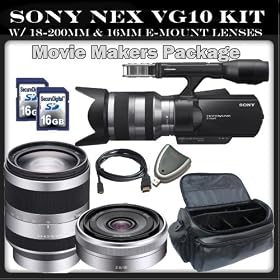 Sony Handycam NEX-VG10 1080 HD Video Camera Camcorder with Movie Makers Package: Includes - Sony E-Mount 18-200mm f/3.5-6.3 Zoom Lens & Sony E-Mount SEL16F28 16mm f/2.8 Wide-Angle Lens: Also Includes - Stabilizing Grip/Handle, 2 16GB SDHC Memory Cards, Card Reader, Professional Carrying Case